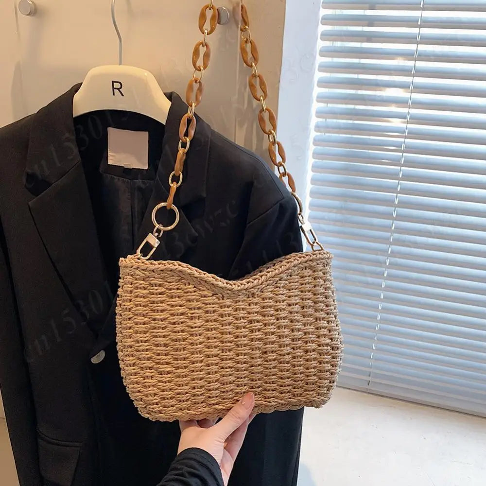 Straw Purse for Women with Chain Woven Shoulder Bag Zipper Underarm Bag Large Capacity Clutch Purse for Travel Vacation