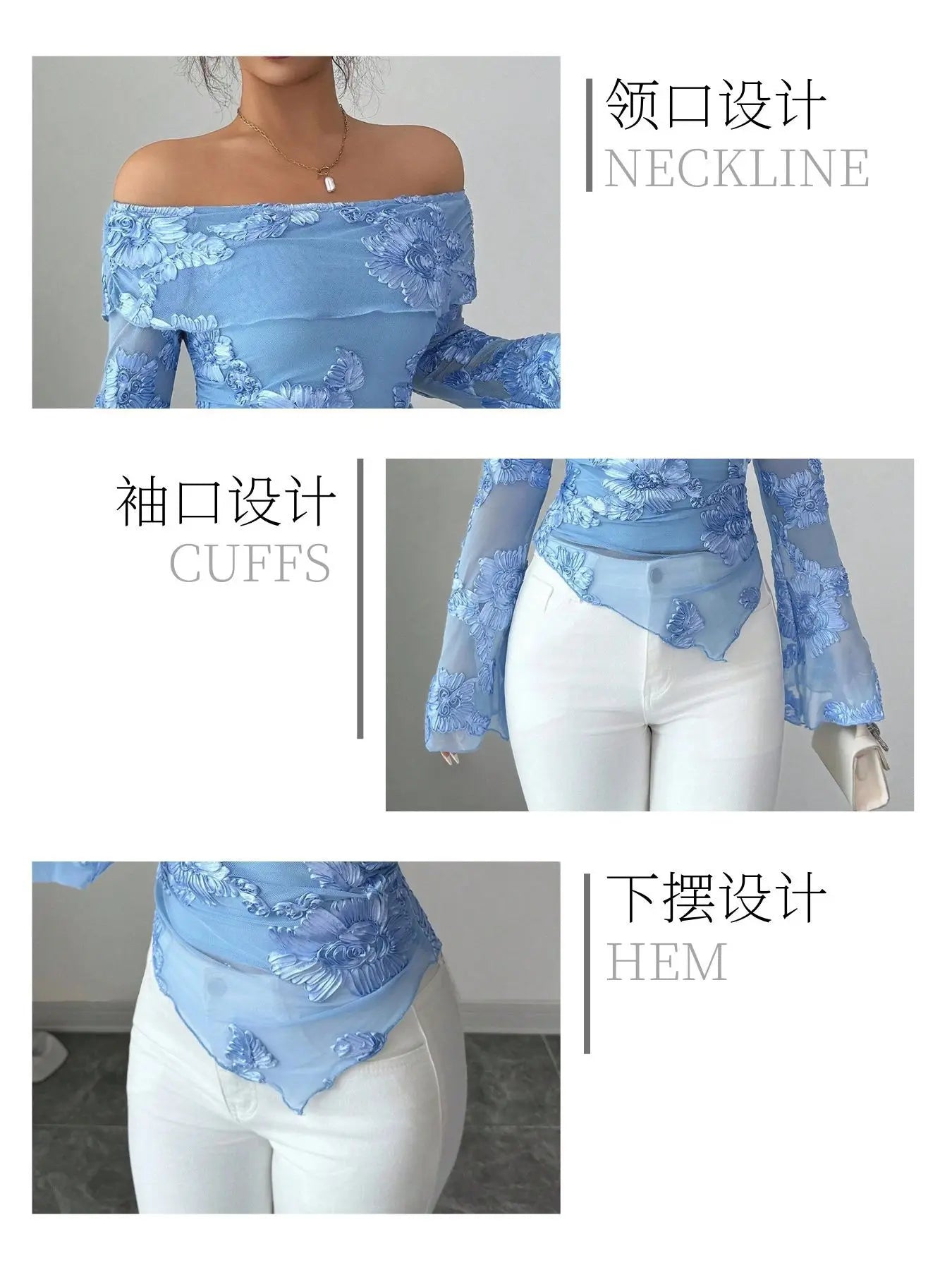 Versatile And Stylish Top For Women T Shirt One-shoulder Collar Flared Sleeves And Asymmetrical Hem Embroidery