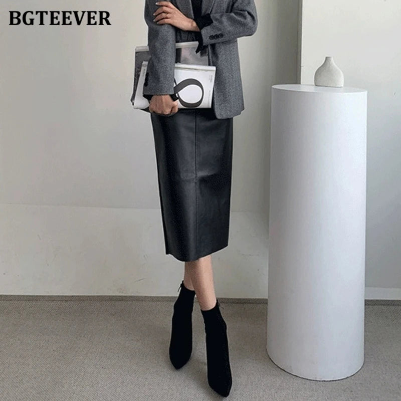 BGTEEVER Stylish Package Hip PU Leather Skirts for Women Autumn Elegant High Waist Slim Split Ladies Pencil Skirts