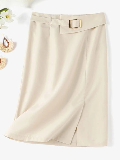 Fashion Work Slim Skirt Woman Vintage Zipper Pencil Midi Skirts Elegant OL Button Overskirts Female Autumn Solid Dresses