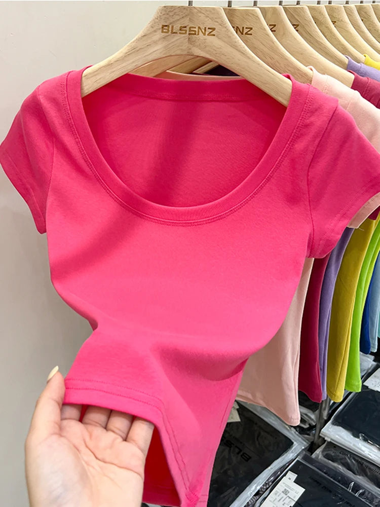 2025 Sexy Square Collar Slim T Shirt Women Cotton Elastic Basic Solid Female Casual Tops Short Sleeve Thin T-shirts See Through