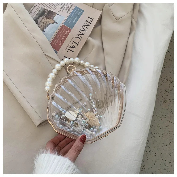 Evening Bags for Women 2023 New Transparent Shell Bag Clutch Box Handbags Pearl Chain Crossbody Bag Acrylic Purse Shoulder Bag