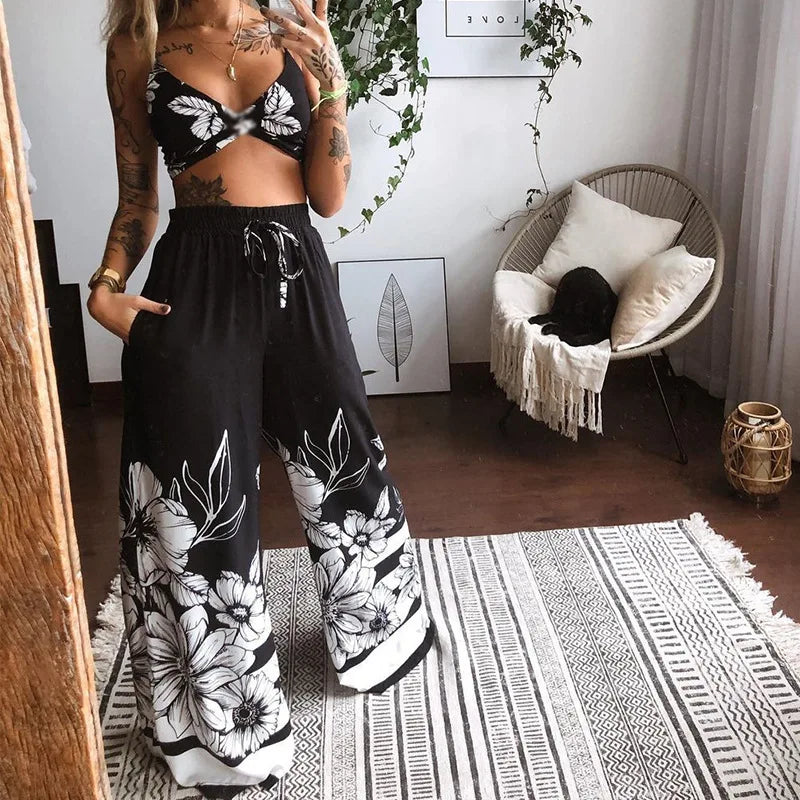 Sexy Two Piece Set Women Outfit 2025 Summer Butterfly Print V-Neck Cropped Top High Waist Drawstring Casual Wide Leg Pants Sets