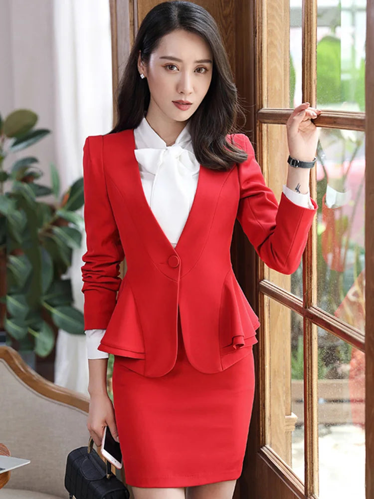 Slim 2 Piece Blazer and Skirt 2024 Spring Autumn New Fashion Office Ladies Ruffle Hem Single Button Blazers Solid Skirt Suits