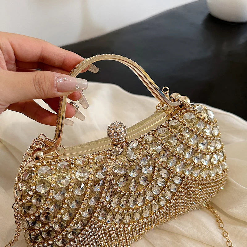 Gold Evening Clutch Bag For Women Luxury Diamond Party Purse Handbag Fashion Tassel Shoulder Crossbody Box Lipstick Bag Designer