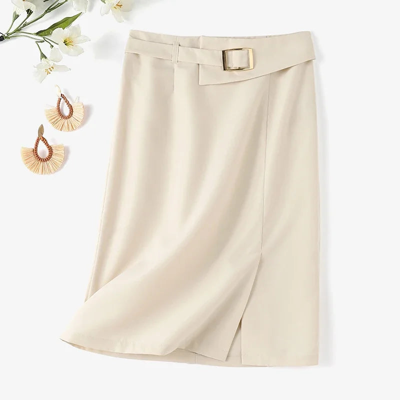 Fashion Work Slim Skirt Woman Vintage Zipper Pencil Midi Skirts Elegant OL Button Overskirts Female Autumn Solid Dresses