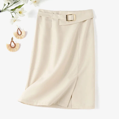 Fashion Work Slim Skirt Woman Vintage Zipper Pencil Midi Skirts Elegant OL Button Overskirts Female Autumn Solid Dresses