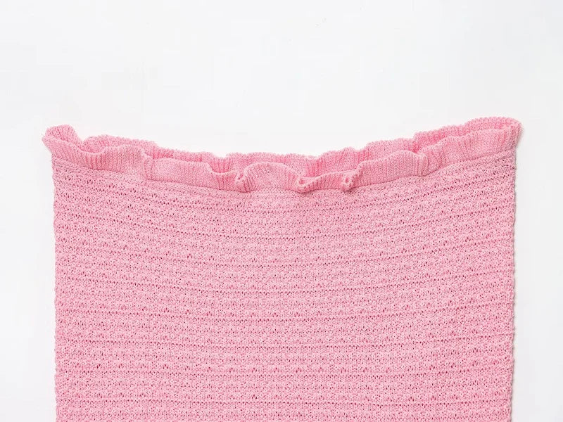 MUJER Pink Knit Skirt Set 2 Piece Woman Pleated Long Skirts for Women off Shoulder Ruffle Top Women's Skirts Set Summer Outfit