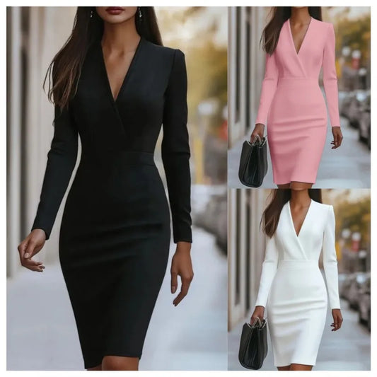 Fashion Women's Dress New Fall Deep V-neck Waist-hugging Solid Color Long-sleeve Pencil Midi Black Dresses For Women Streetwear