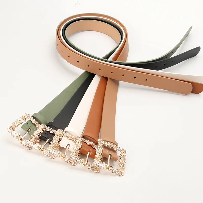 Fashionable Belts for Woman Shiny Rhinestone Beautiful Square Wreath Metal Buckle Solid Color PU Belts