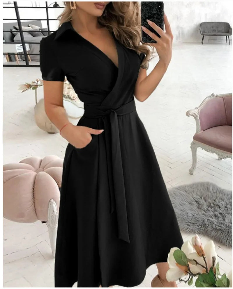 Office Lady Elegant Summer Short Sleeveless Dress Women Casual Turn-Down Collar Belt Dress Sexy V Neck Slim Solid Long PartyRobe