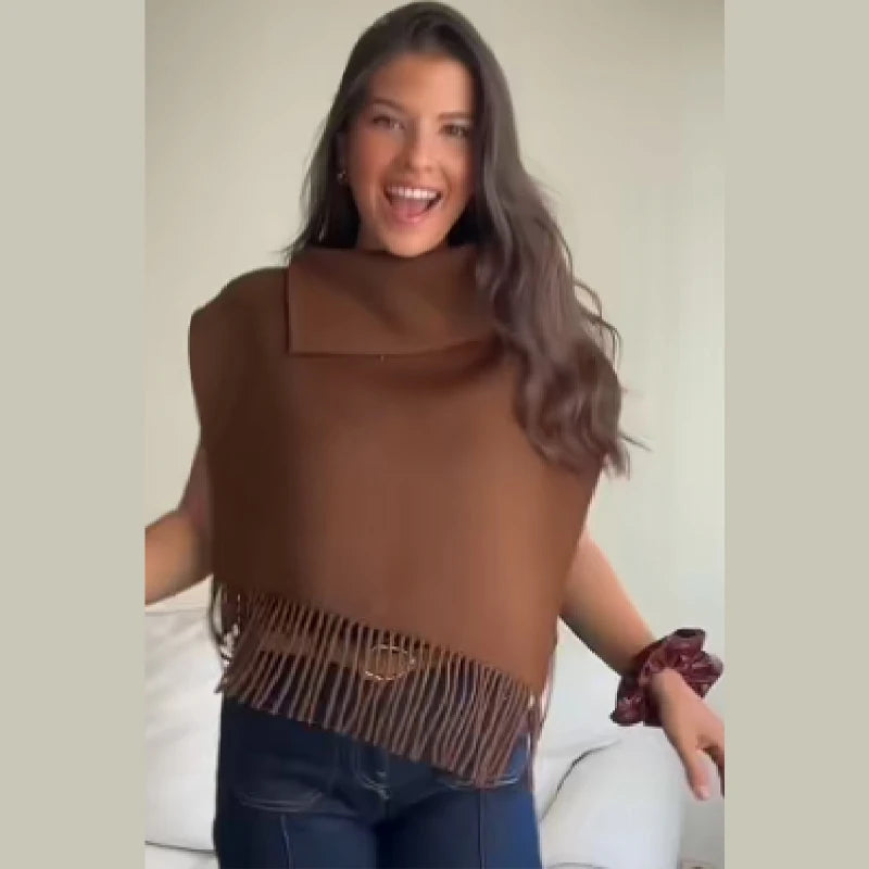 Solid Tassel Shawl for Women High Neck Sleeveless Soft Cape Top Irregular Hem Losse Cloak Jacket 2025 New Autumn Lady Shawls