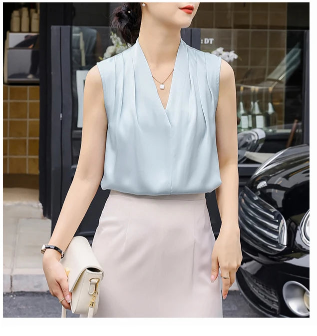 2025 New Summer Satin Tank Top Women's Blouses Sleeveless Solid Cross V-neck Casual Korean Elegant Vest Shirts for Womens