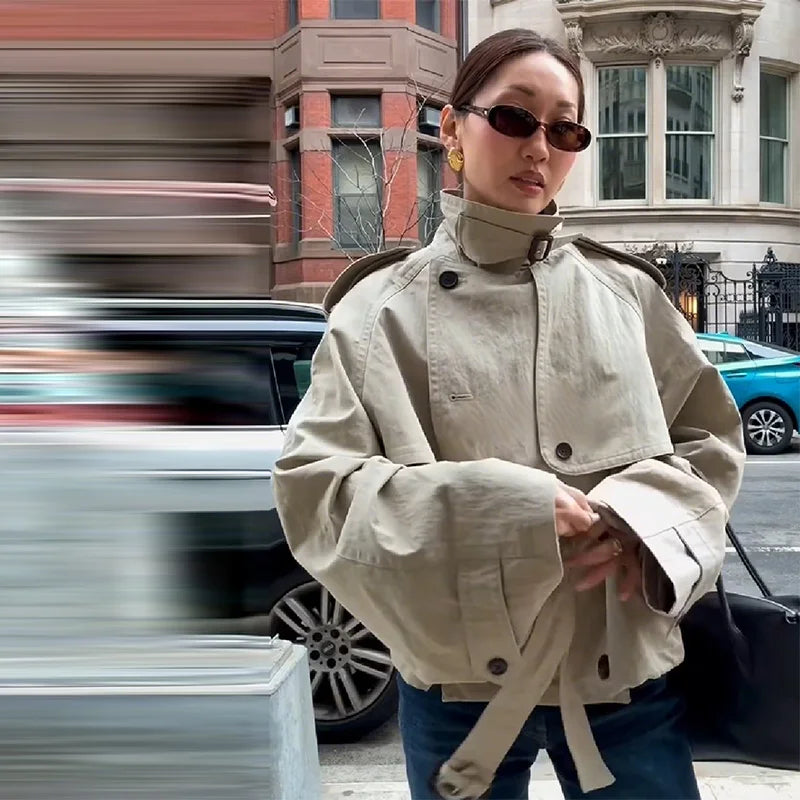 Retro Casual Double Breasted Short Trench Coat For Women Solid Stand Collar Lace Up Versatile Coat 2025 Autumn Lady Outerwears