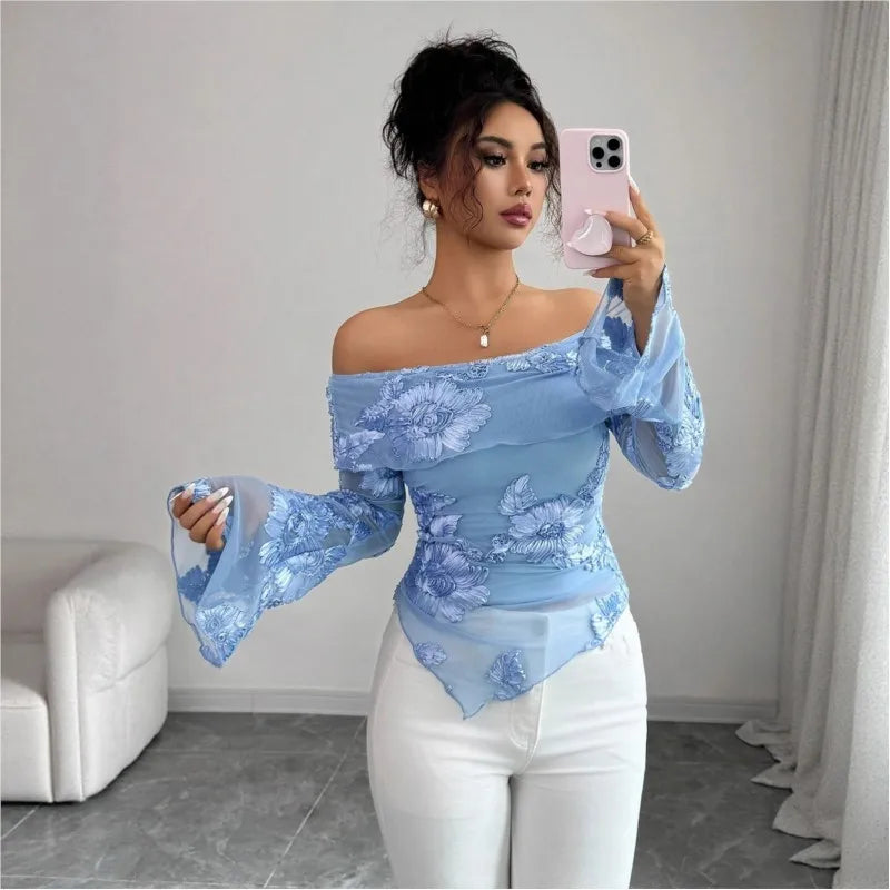 Versatile And Stylish Top For Women T Shirt One-shoulder Collar Flared Sleeves And Asymmetrical Hem Embroidery