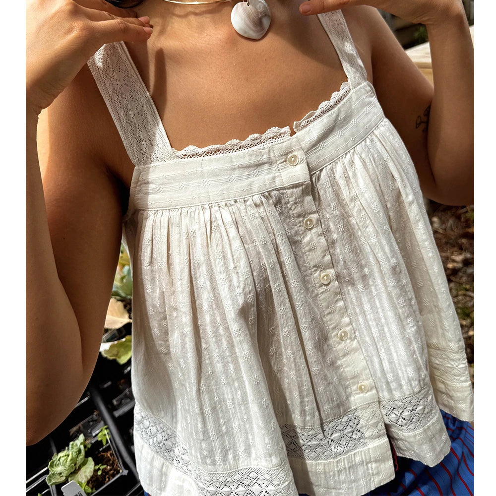 Women Kawaii Cottage Lace Ruffle Trim Tank Top Fairycore Sexy Button Front Square Collar Sleeveless Going Out Camis Boho Vest