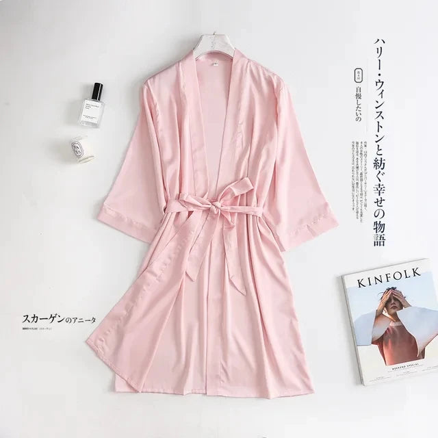 Women Wedding White Bride Robe Morning Gown 3/4 Sleeve Sleepwear Loose Nightgown Female Silk Satin Kimono Bathrobe Lingerie
