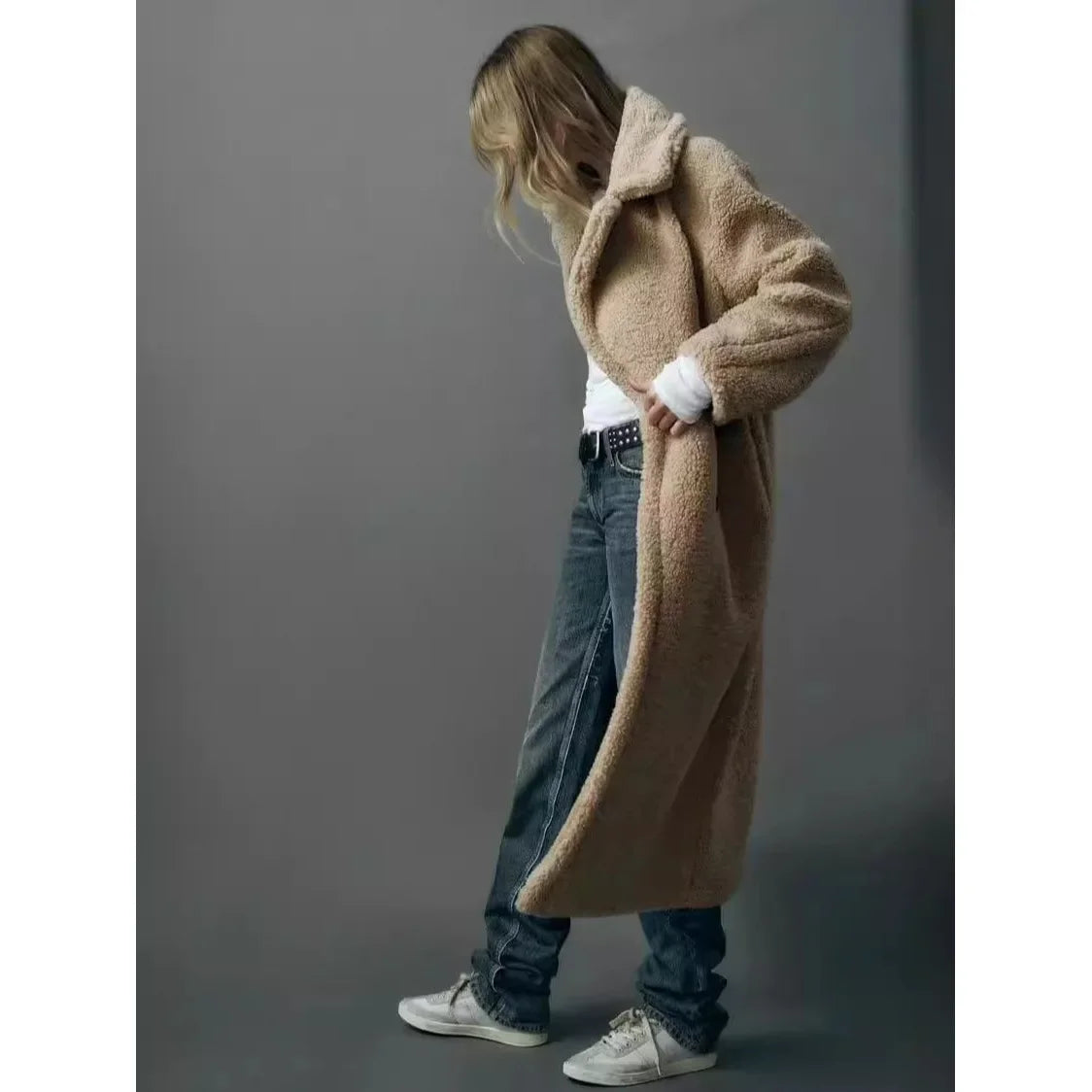 Over-Knee Fleece-Lined Casual Lapel Coat Double-Button Decoration Loose Women's Outerwear Versatile Beige New Year's Quality Sty