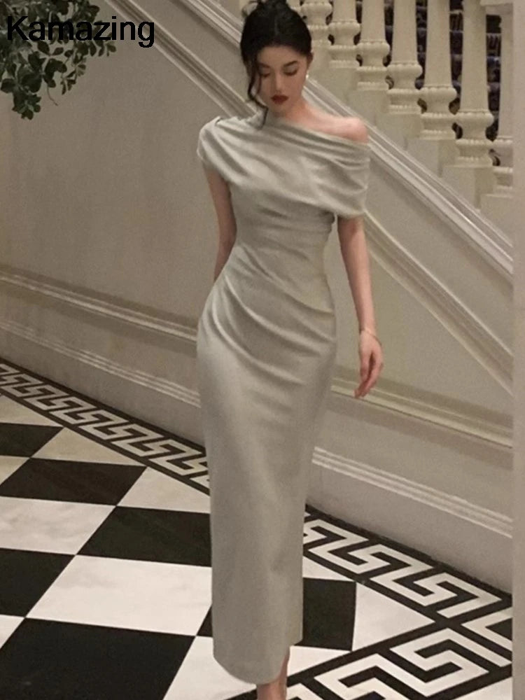 Elegant Solid Bodycon Evening Party Dresses for Women Fashion Off Shoulder Prom Vestidos Summer Korean Robe Female Clothing