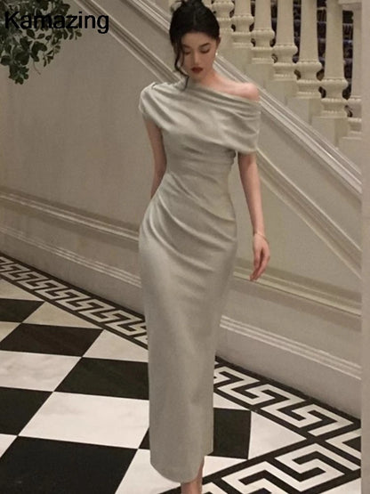 Elegant Solid Bodycon Evening Party Dresses for Women Fashion Off Shoulder Prom Vestidos Summer Korean Robe Female Clothing