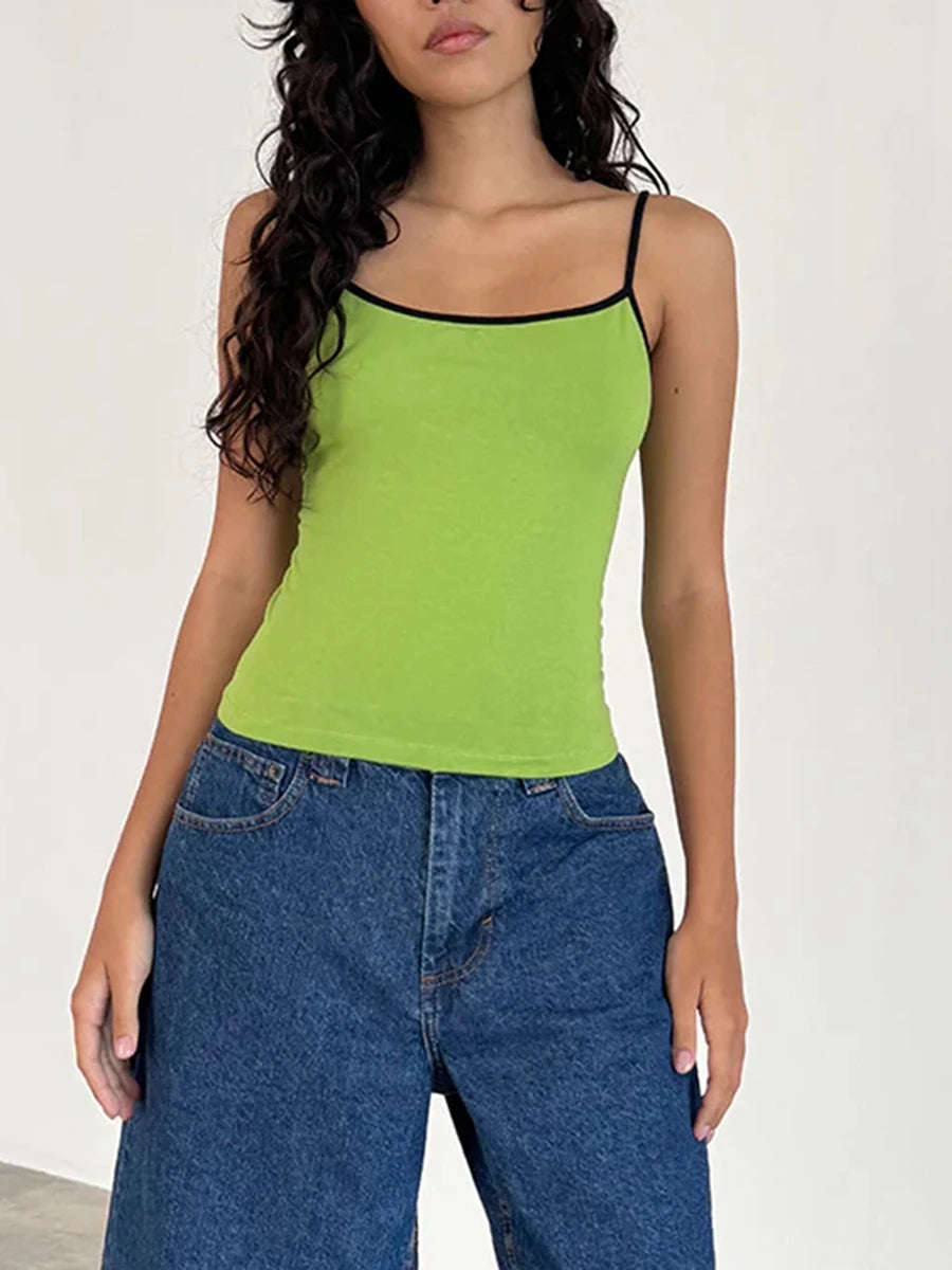 Women Spaghetti Strap Tank Top Scoop Neck Contrast Trim Crop Cami Top Y2K Aesthetic Sleeveless Fitted Basic Tops Streetwear