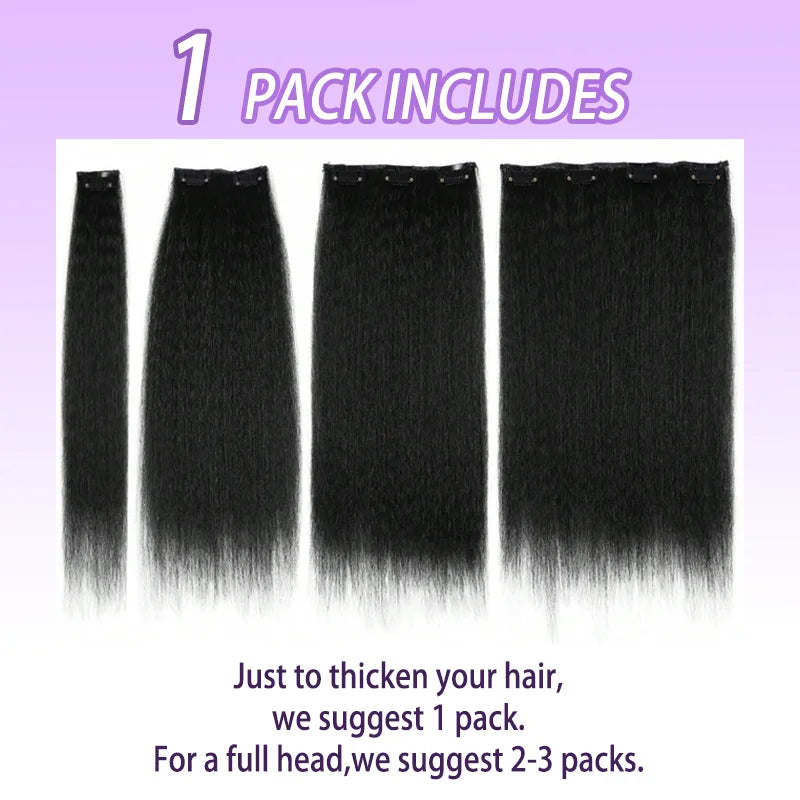 Kinky Straight Clip in Hair Extensions 14 Inch for Women Full Head Yaki Straight Seamless Clip in Synthetic Hair