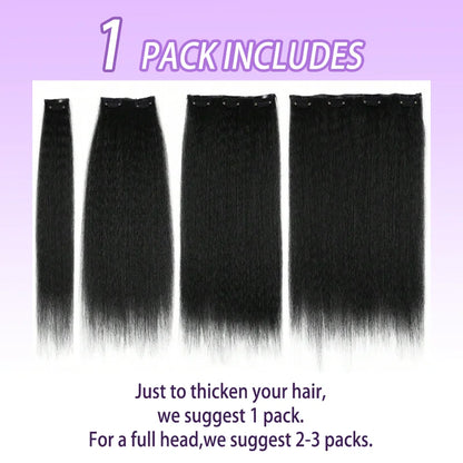 Kinky Straight Clip in Hair Extensions 14 Inch for Women Full Head Yaki Straight Seamless Clip in Synthetic Hair