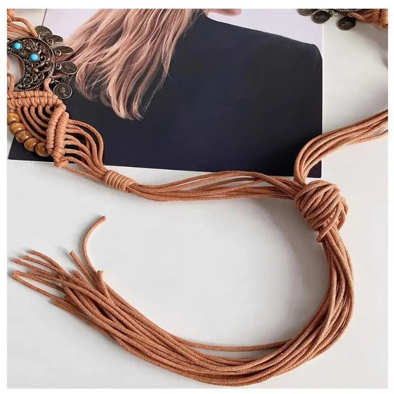 Belts For Women Knot Waistband Summer Boho Shell Bead Dress Jeans Belt Female Beach Accessory Beige Wax Cord