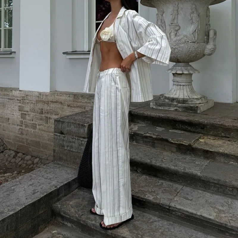 Elegant Women 2 Piece Pajama Set Striped Long Sleeve Button Down Shirt and Straight Leg Pants Loungewear