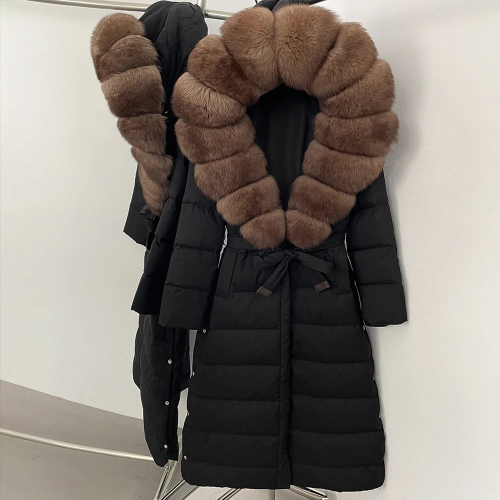 OFTBUY Large Real Fox Fur Collar X-Long Puffer Jacket Women Hooded Winter White Duck Down Coat Thick Female Parkas With Belt