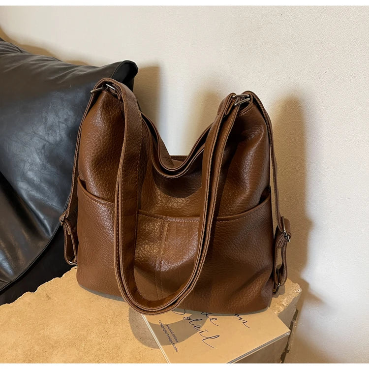 Versatile Student PU Backpack Women New Large Capacity Commute Travel Shoulder Crossbody Bags Fashion All-matched Tote Bag