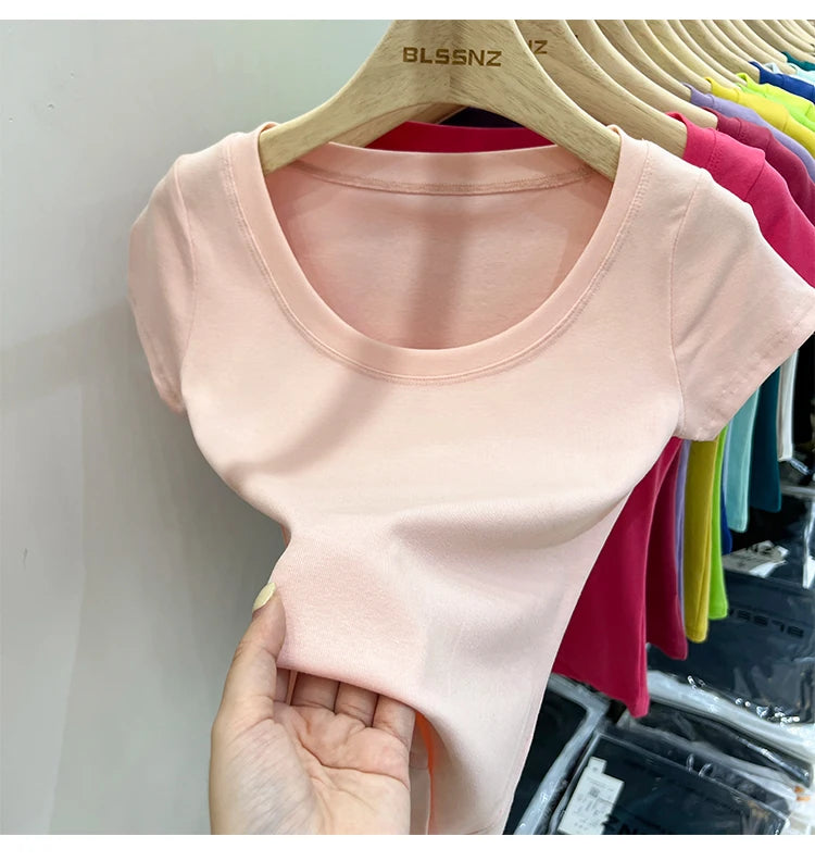 2025 Sexy Square Collar Slim T Shirt Women Cotton Elastic Basic Solid Female Casual Tops Short Sleeve Thin T-shirts See Through
