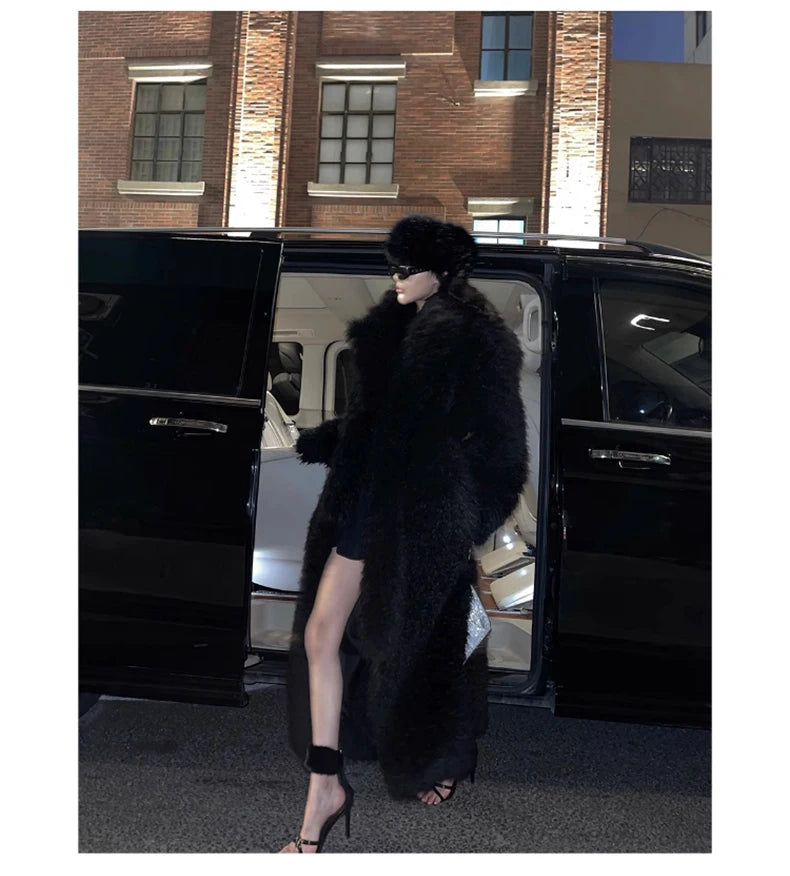 Lautaro Winter Extra Long Soft Thick Warm Fluffy Black Fuzzy Shaggy Hairy Faux Fur Coat Women Sashes Luxury Furry Overcoat 2023