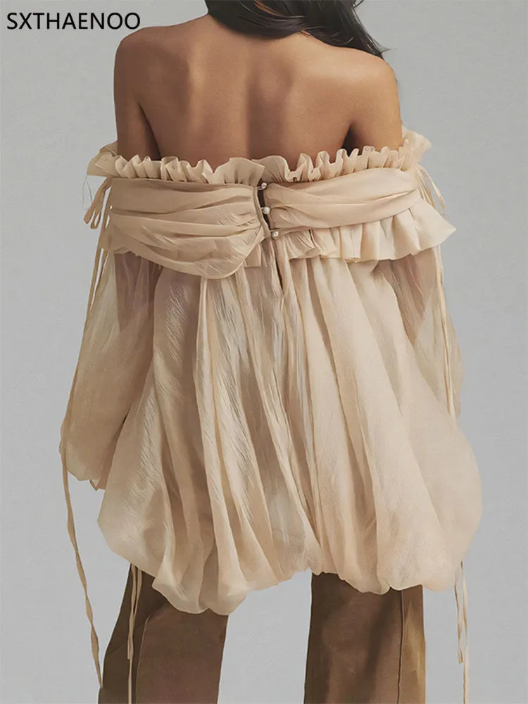 SXTHAENOOLoose Elegant Solid Blouses For Women Slash Neck Off The Shoulder Sleeve Spliced Folds Temperament Blouse FemaleFashion