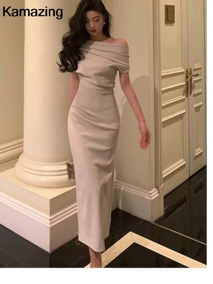 Elegant Solid Bodycon Evening Party Dresses for Women Fashion Off Shoulder Prom Vestidos Summer Korean Robe Female Clothing