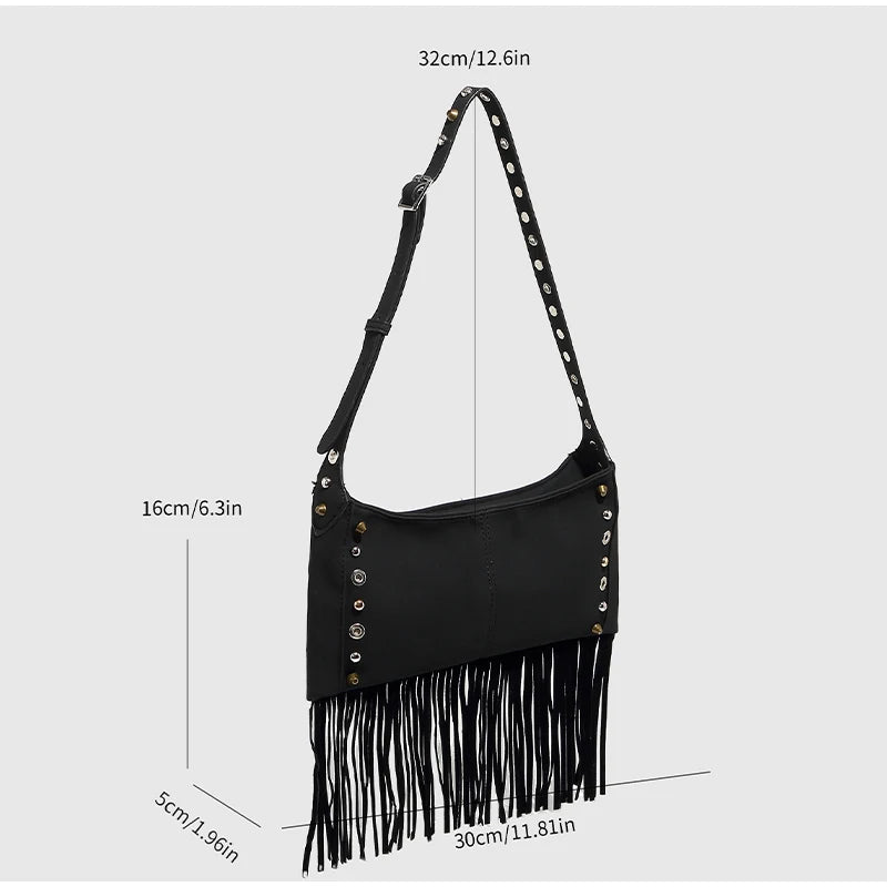 Tassel Large Capacity Brand Tote Bag Black Leather High Quality Luxury Fashion Women Shoulder Bag Soft Casual Hobos Armpit Bag