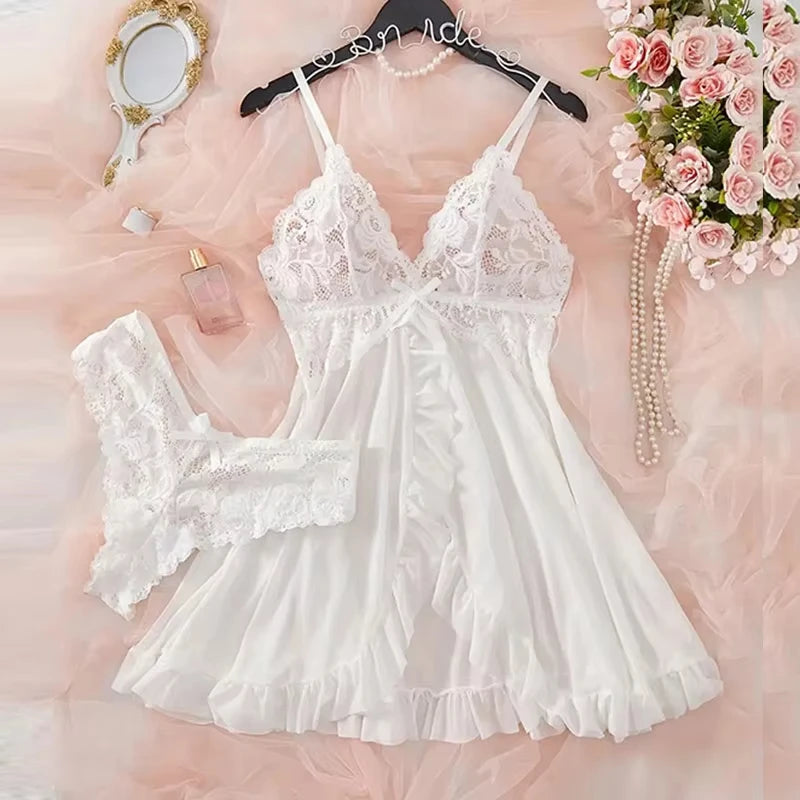 Transparent Red Sexy Lingerie Women's Underwear See Through Sleepwear Lace Nightdress And Panty Pijamas Sets Female Sexy Nighty