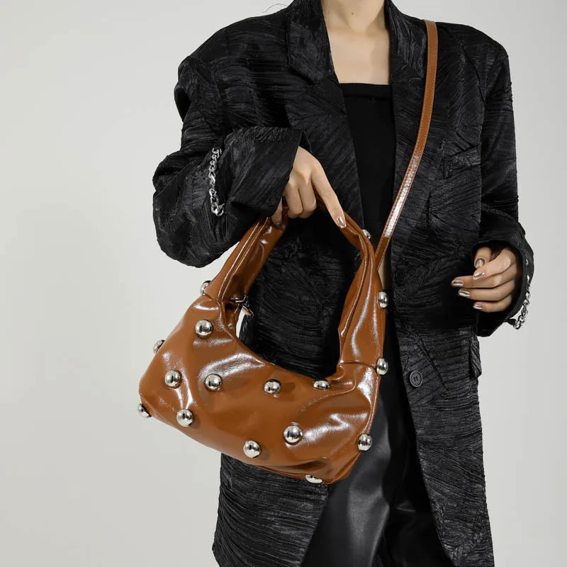 Black Half Moon Underarm Bag For Women Luxury Studded Beading Handbags Red Purse Solid Color Pu Leather Shoulder Crossbody Bags