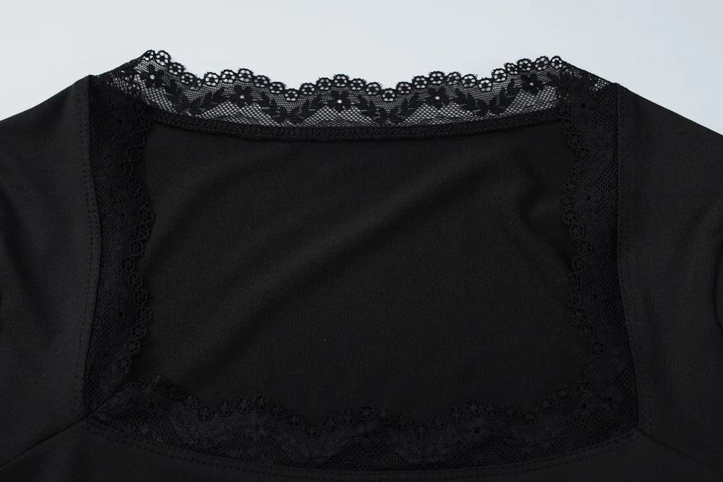 FDYOUI Lace Patchwork Long Sleeve T-shirts Streetwear Y2K Woman Clothes Casual Fashion Square Collar Slim Pink Tee Shirt Tops