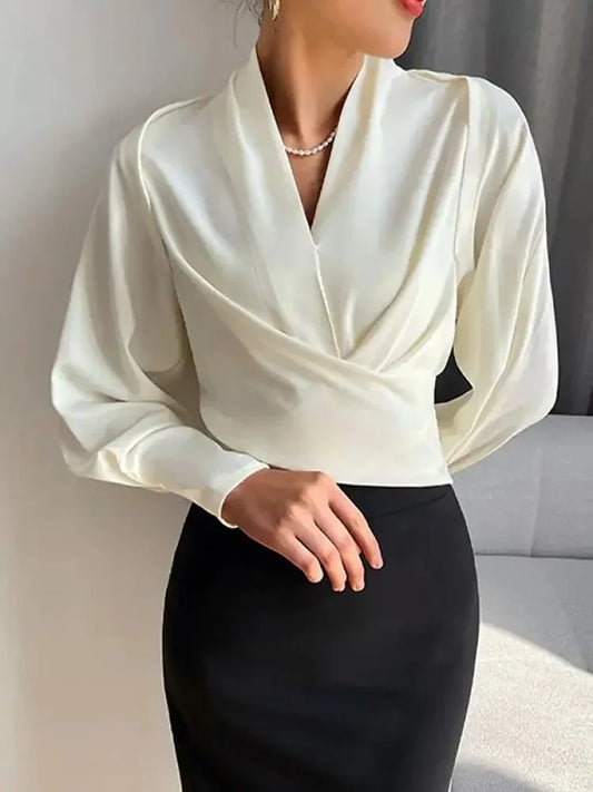 Women's Long Sleeves Solid Color Zipper V-neck Blouses Tops Urban Fashion Pleated Casual Office T-shirts