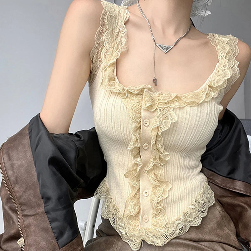 Sexy All-match Simple Lace Stitching Chic Tank Tops For Women Girls Fashion Sweet Casual Slim Fit Short Sleeveless Tank Tops