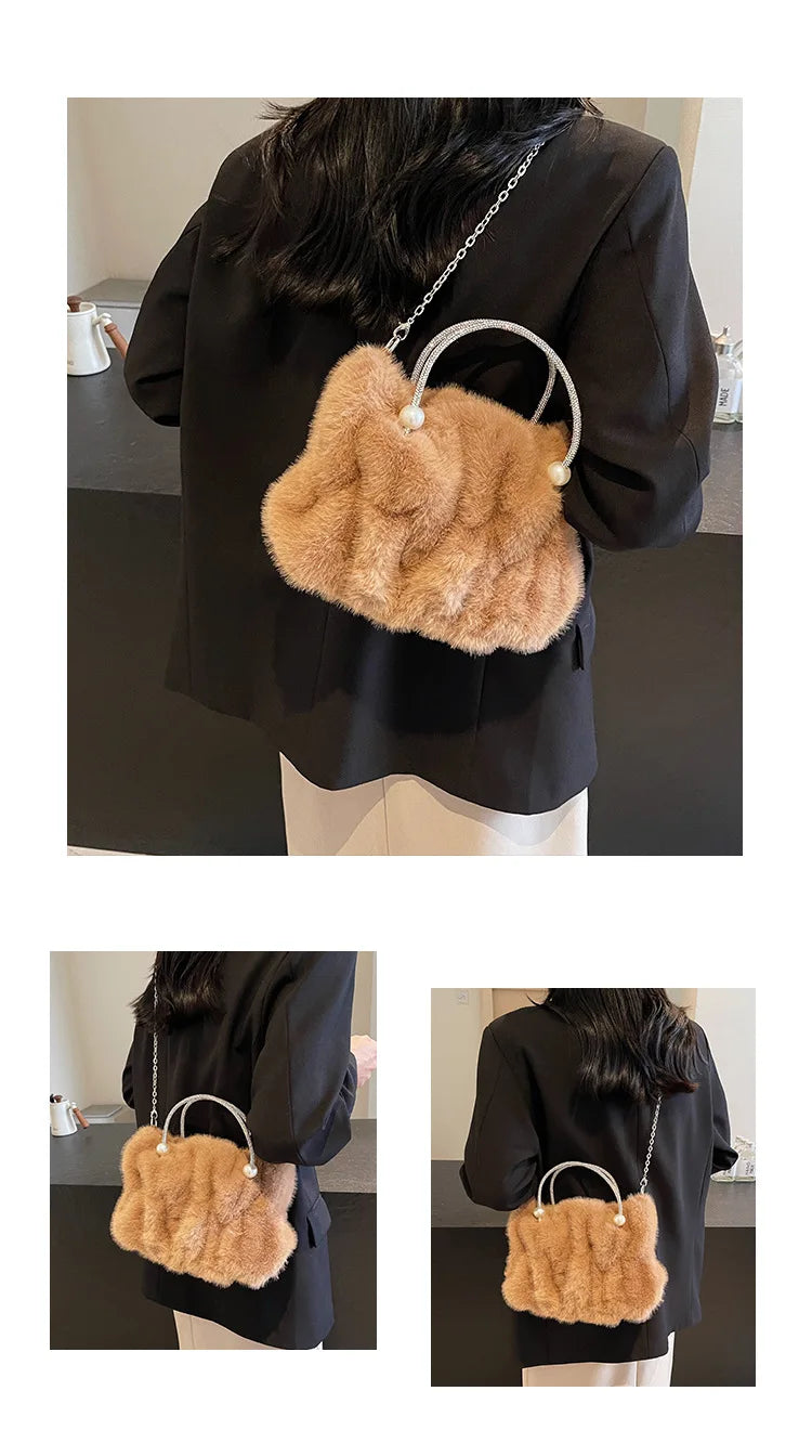 Soft Plush Evening Bags For Elegant Women Fur Dinner Party Clutch Chain Crossbody Winter Warm Luxury Designer Handbags