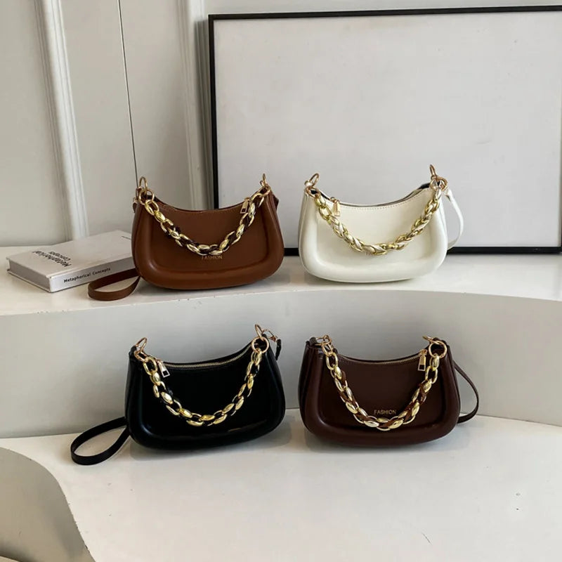 Fashion Chain Handbags Women's Crossbody Bags, Solid PU Leather Shoulder Bag For Daily Used