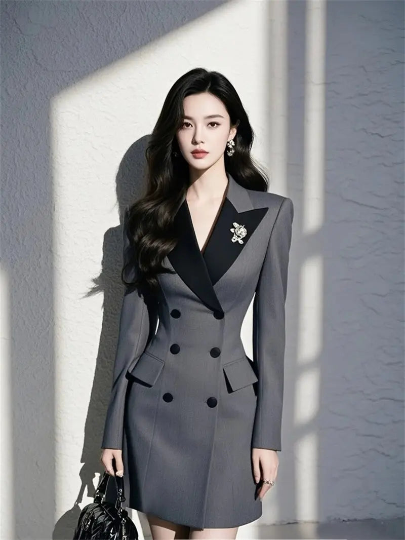 Blazer Dresses Woman Elegant 2025 Spring High-End Gray Patchwork Suit Dress -  Office Casual Slim Fit G760