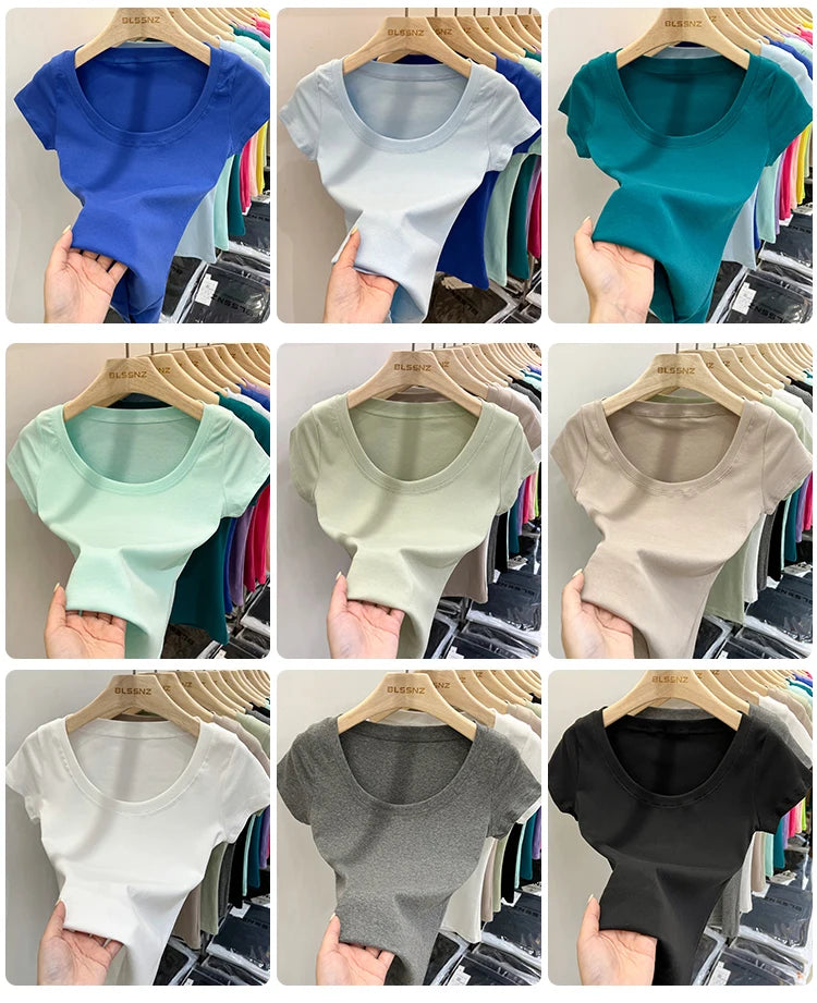 2025 Sexy Square Collar Slim T Shirt Women Cotton Elastic Basic Solid Female Casual Tops Short Sleeve Thin T-shirts See Through