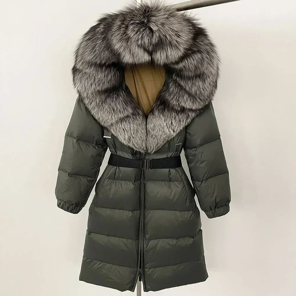 90% White Duck Down Coat New Natural Thick Warm Long Winter Jacket Women Real Big Fox Fur Collar Belt Loose Puffer Parka