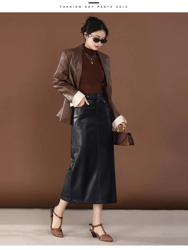 PU Leather Skirt Women's Autumn 2025 New High Waist Hip Skirt Medium and Long Straight Split One-step Skirt