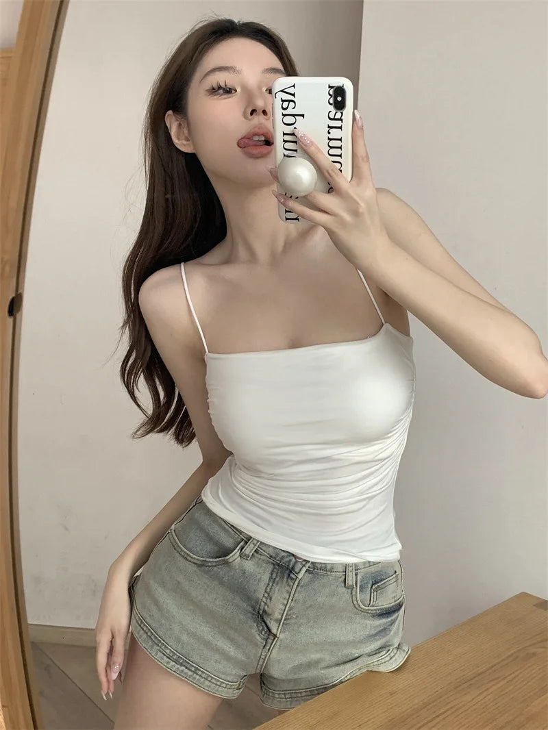 Women Tank Tops Spaghetti Strap Camisole Solid Color Push Up Padded Tank Top with Cups Girls Sports Vest Tops Summer Camis