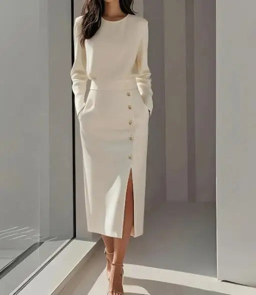 Women's Elegant High Waist Dresses 2025 Autumn New Fashion Temperament Solid Color Round Neck Button Decor Slit Dress for Women