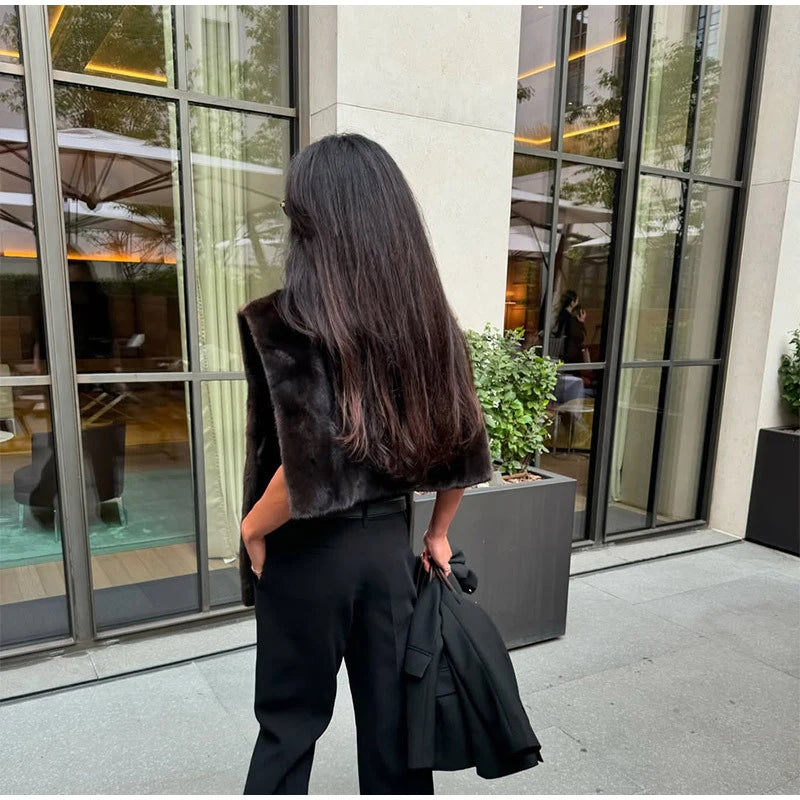 Vintage Brown Women's Faux Fur Vest Solid High Collar Sleeveless Thicken Female Waistcoat 2025 Autumn Winter New Lady Streetwear